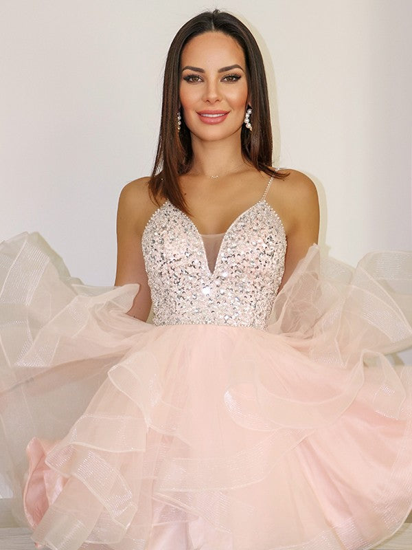 Wholesale A-Line/Princess Spaghetti Straps Tulle Beading Sleeveless Short/Mini Homecoming Dresses